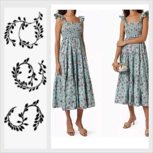NWOT Sea New York Dress Floral Smocked Blue Brita Midi Dress Size XS